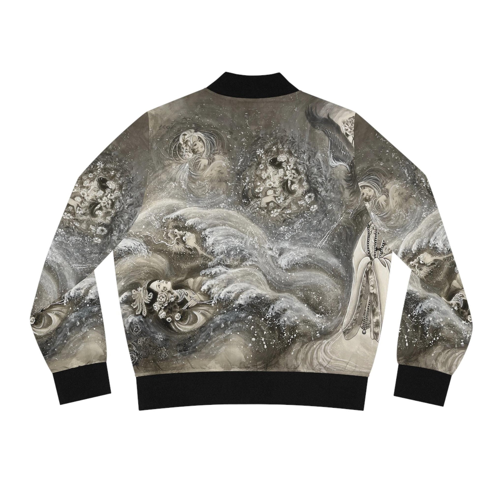 Chinese Empresses Women's Bomber Jacket, Black, White & Gray Theme, Stand-Collar, Ribbed Cuffs, Durable, Comfortable, Fall Outerwear