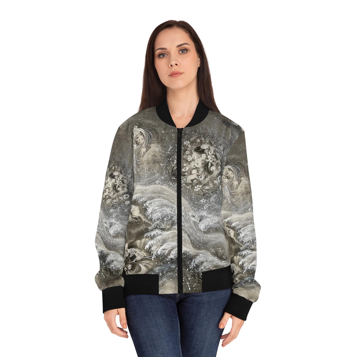 Chinese Empresses Women's Bomber Jacket, Black, White & Gray Theme, Stand-Collar, Ribbed Cuffs, Durable, Comfortable, Fall Outerwear