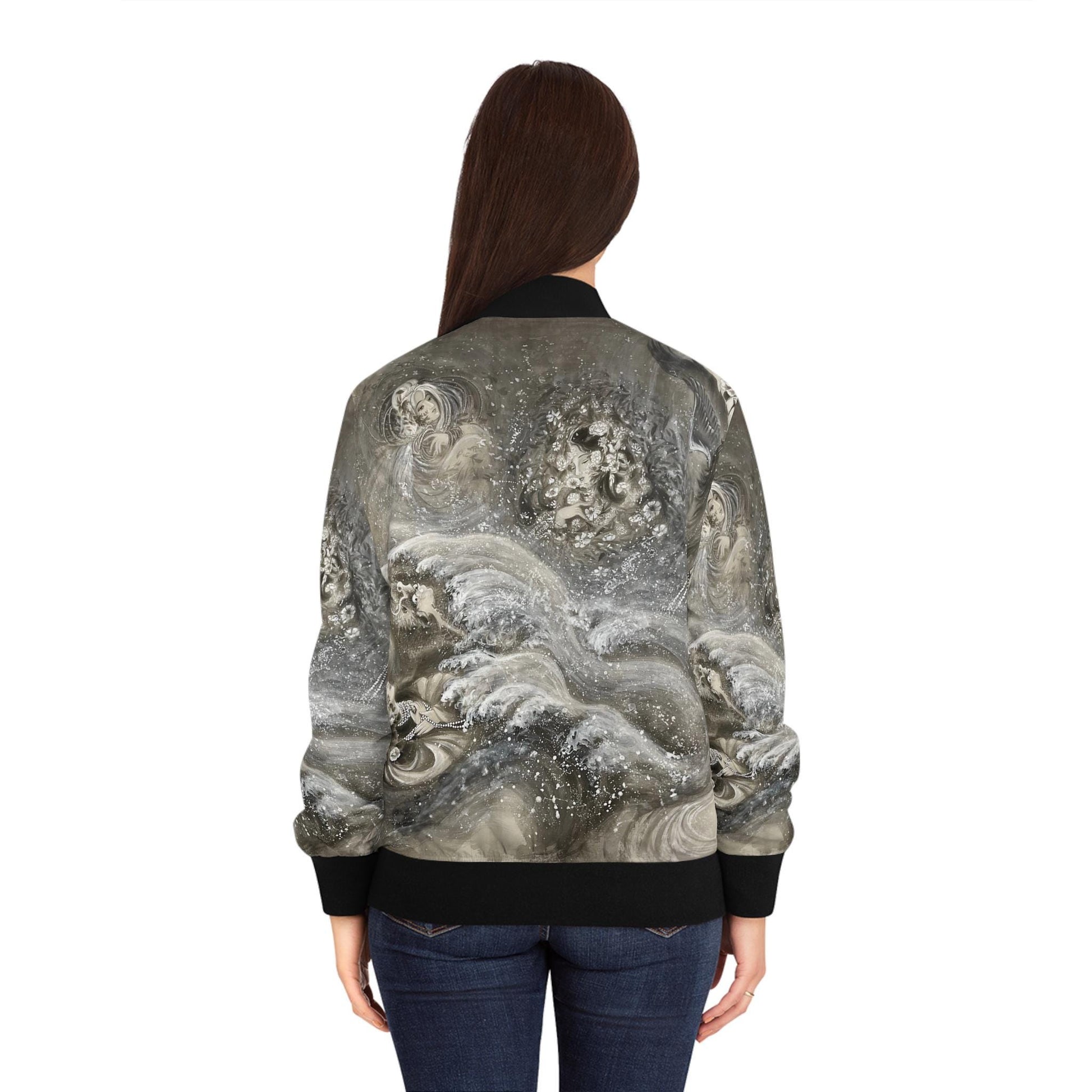 Chinese Empresses Women's Bomber Jacket, Black, White & Gray Theme, Stand-Collar, Ribbed Cuffs, Durable, Comfortable, Fall Outerwear