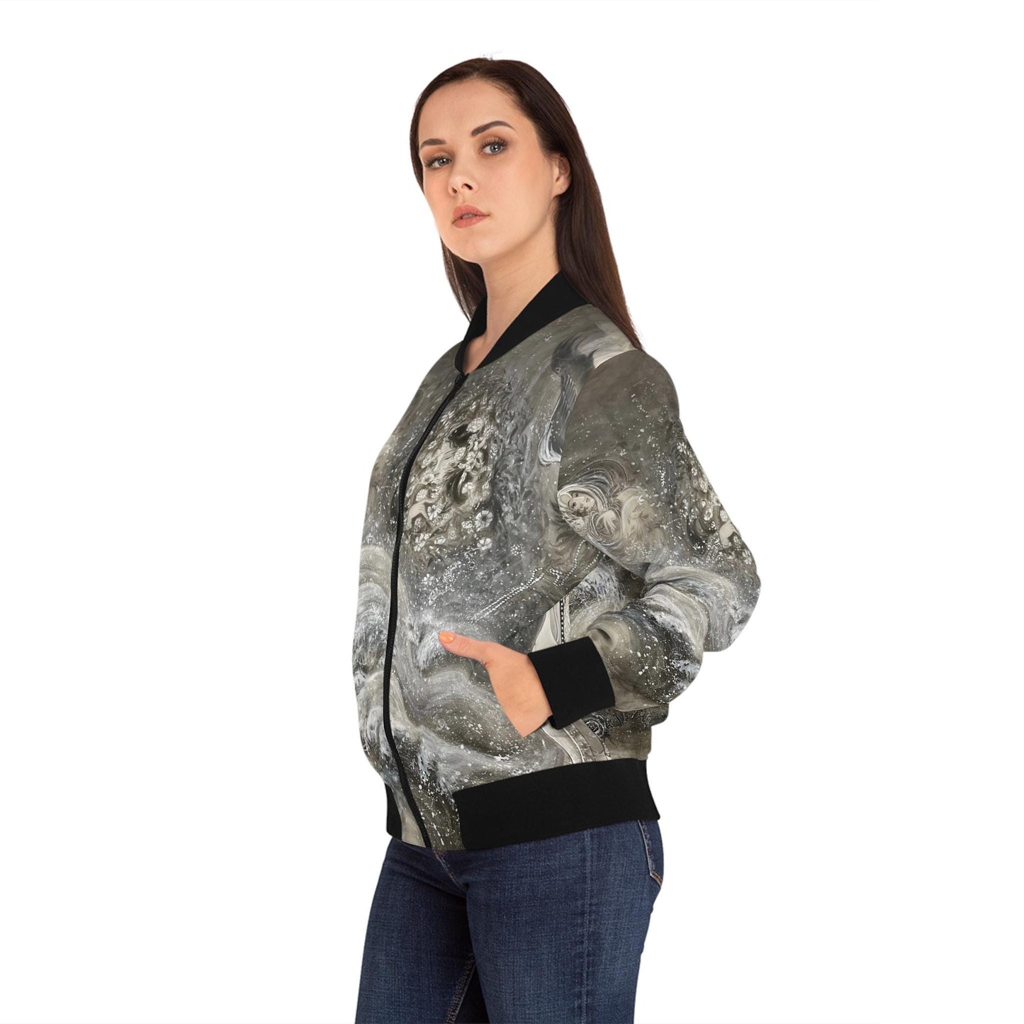 Chinese Empresses Women's Bomber Jacket, Black, White & Gray Theme, Stand-Collar, Ribbed Cuffs, Durable, Comfortable, Fall Outerwear