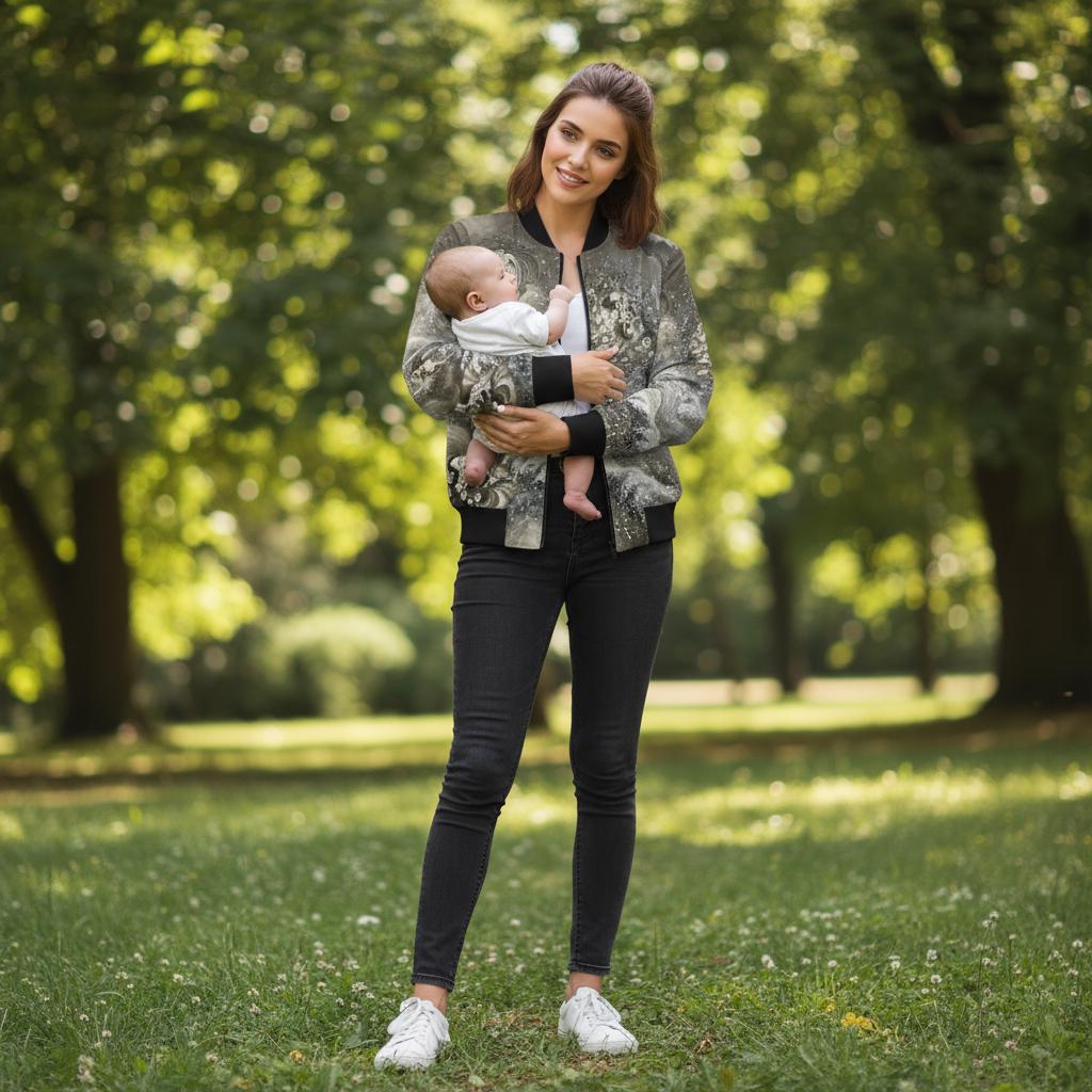 Chinese Empresses Women's Bomber Jacket, Black, White & Gray Theme, Stand-Collar, Ribbed Cuffs, Durable, Comfortable, Fall Outerwear