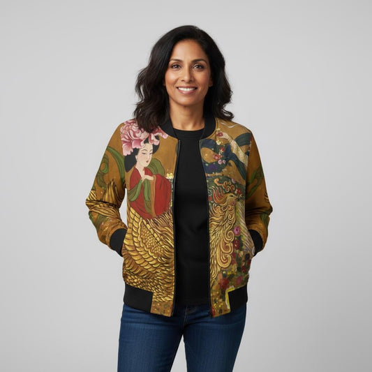 Women's Bomber Jacket - Chinese Empresses Design, Stand-Collar, Ribbed Cuffs - Cute & Badass Outerwear, Exclusive Piece. Gift for Her