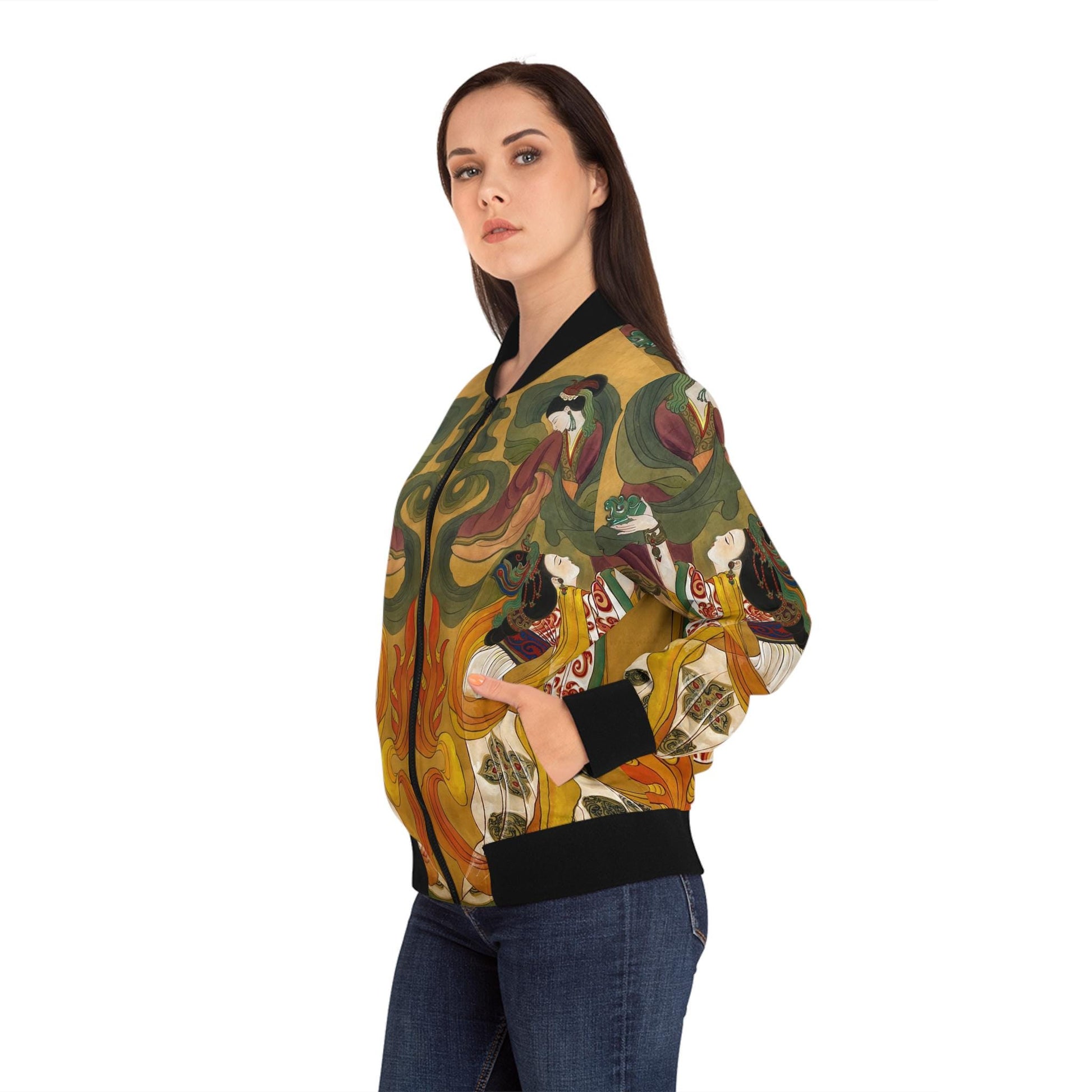 Chinese Empresses Women's Bomber Jacket, Vibrant Colors, Stand-Collar, Ribbed Cuffs, Durable, Comfortable, Unique Statement Piece
