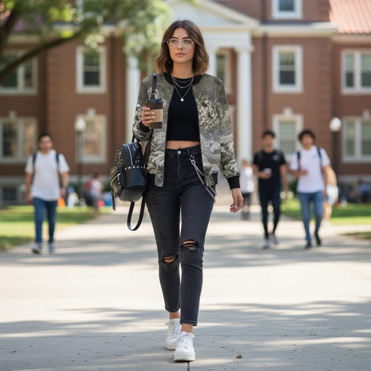 Chinese Empresses Women's Bomber Jacket, Black, White & Gray Theme, Stand-Collar, Ribbed Cuffs, Durable, Comfortable, Fall Outerwear