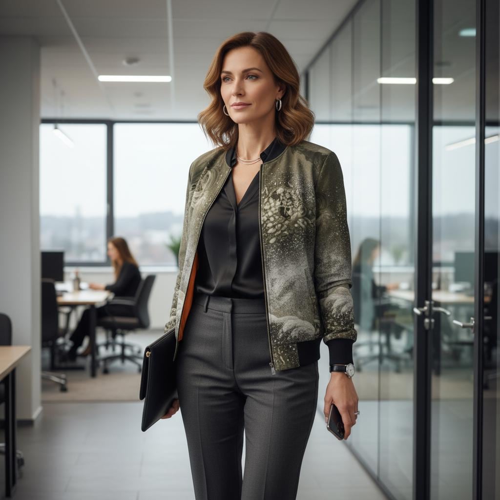 Chinese Empresses Women's Bomber Jacket, Black, White & Gray Theme, Stand-Collar, Ribbed Cuffs, Durable, Comfortable, Fall Outerwear