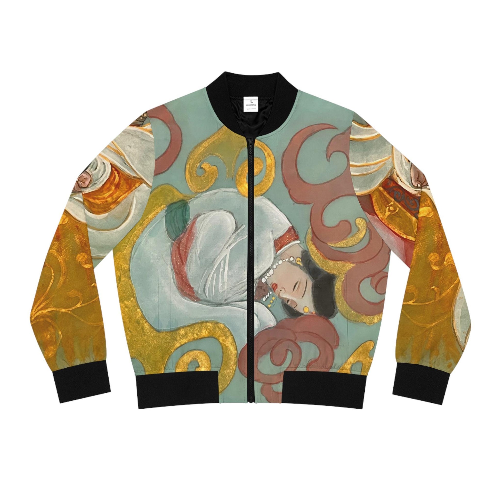 Chinese Empresses Women's Bomber Jacket - Light Blue Stand-Collar Outerwear Gift for Her, Ribbed Cuffs, Exclusive Piece