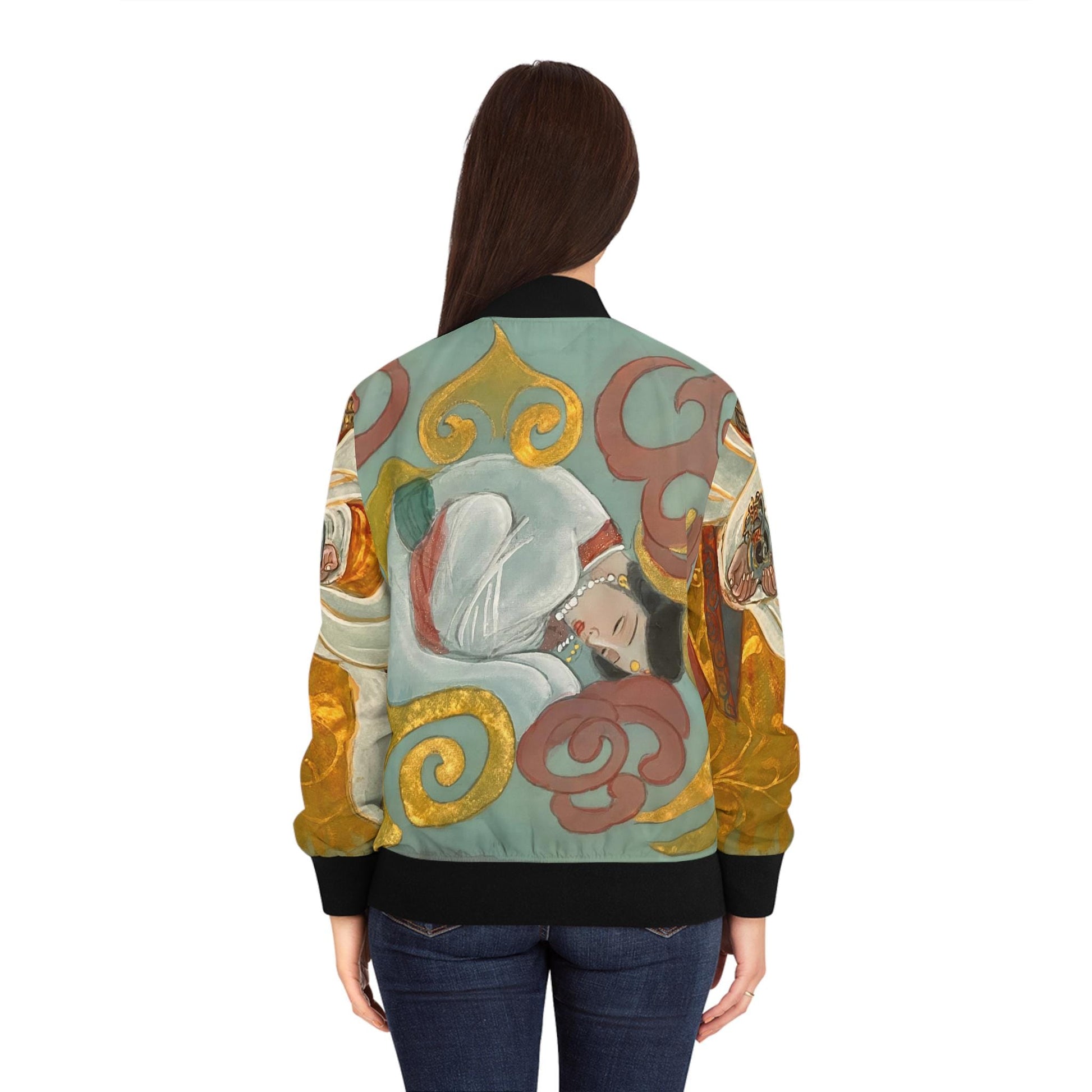 Chinese Empresses Women's Bomber Jacket - Light Blue Stand-Collar Outerwear Gift for Her, Ribbed Cuffs, Exclusive Piece