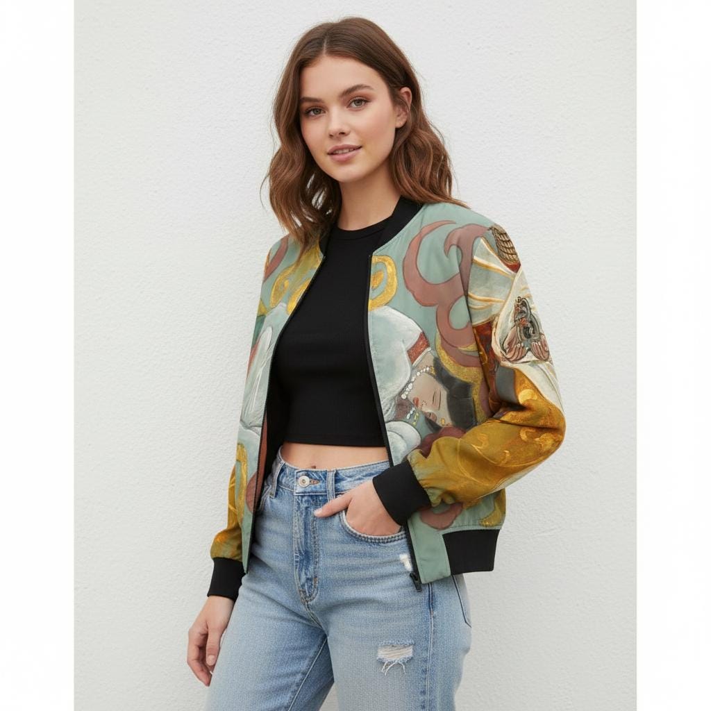 Chinese Empresses Women's Bomber Jacket - Light Blue Stand-Collar Outerwear Gift for Her, Ribbed Cuffs, Exclusive Piece