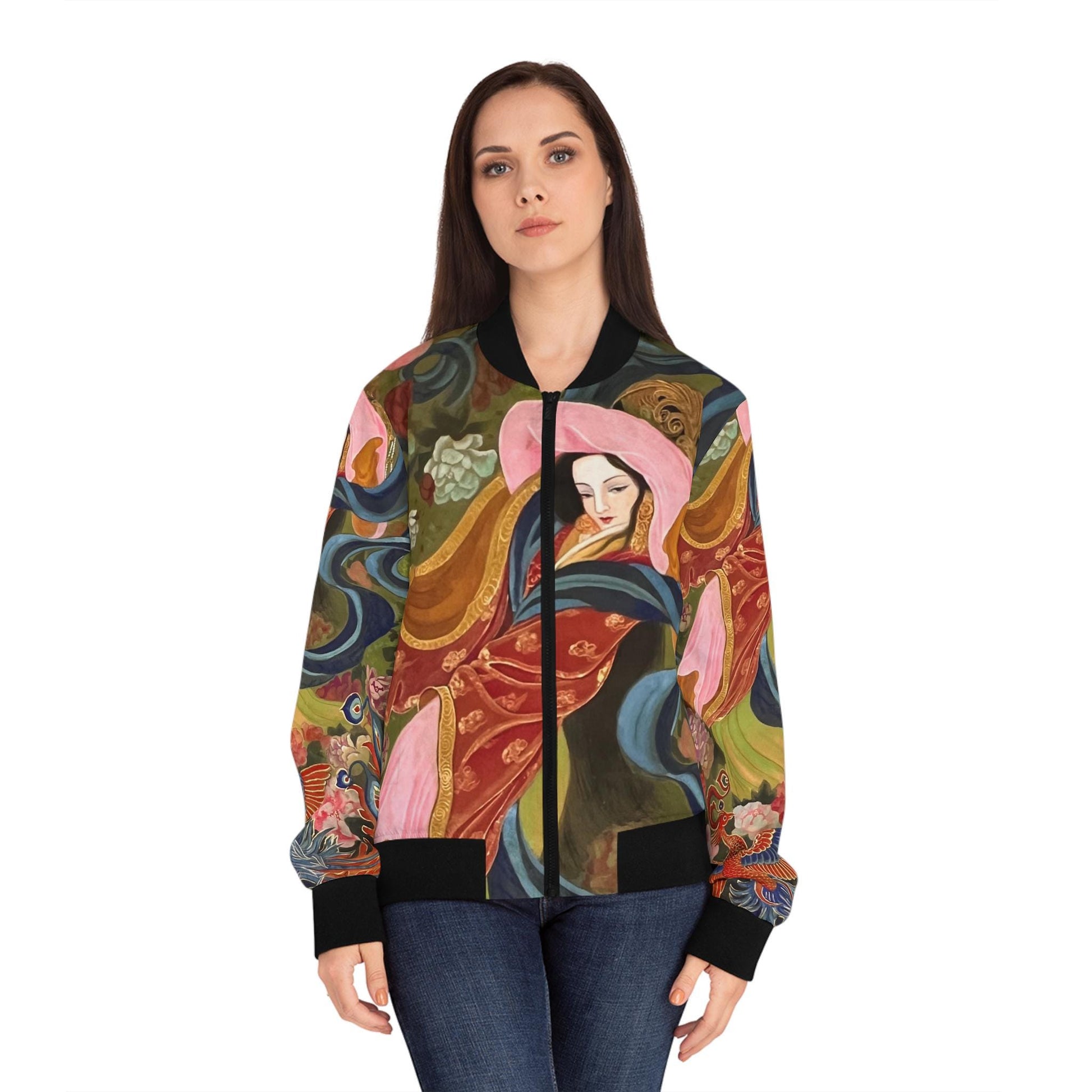 Watercolor Chinese Empress Women's Bomber Jacket, Trendy Floral Fashion Statement, Colorful Elegant Outerwear, Gift for Her, Asian Inspired