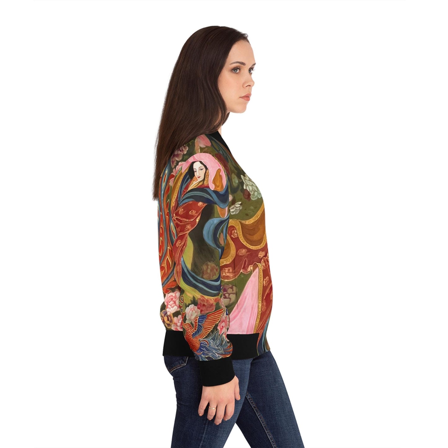 Watercolor Chinese Empress Women's Bomber Jacket, Trendy Floral Fashion Statement, Colorful Elegant Outerwear, Gift for Her, Asian Inspired