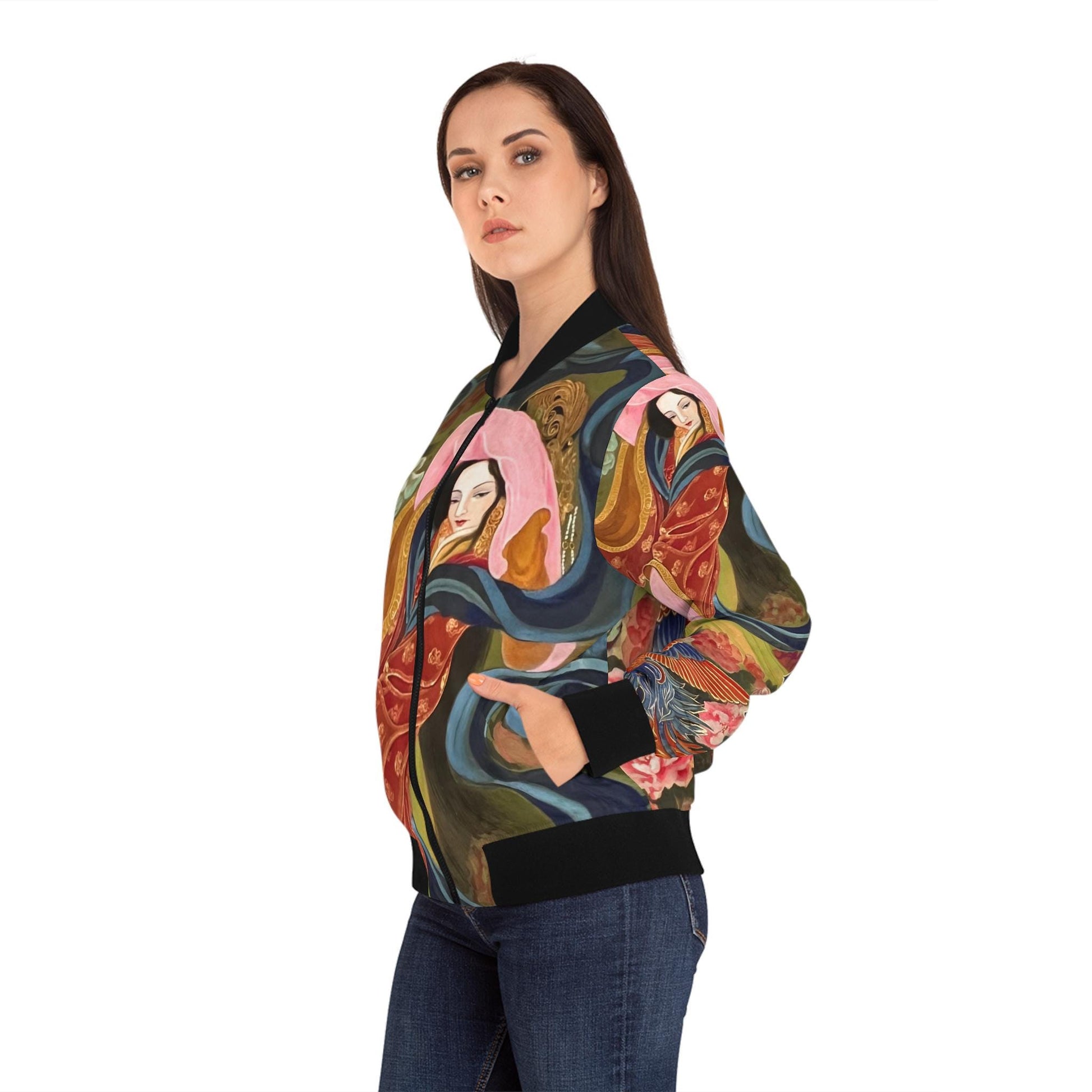 Watercolor Chinese Empress Women's Bomber Jacket, Trendy Floral Fashion Statement, Colorful Elegant Outerwear, Gift for Her, Asian Inspired