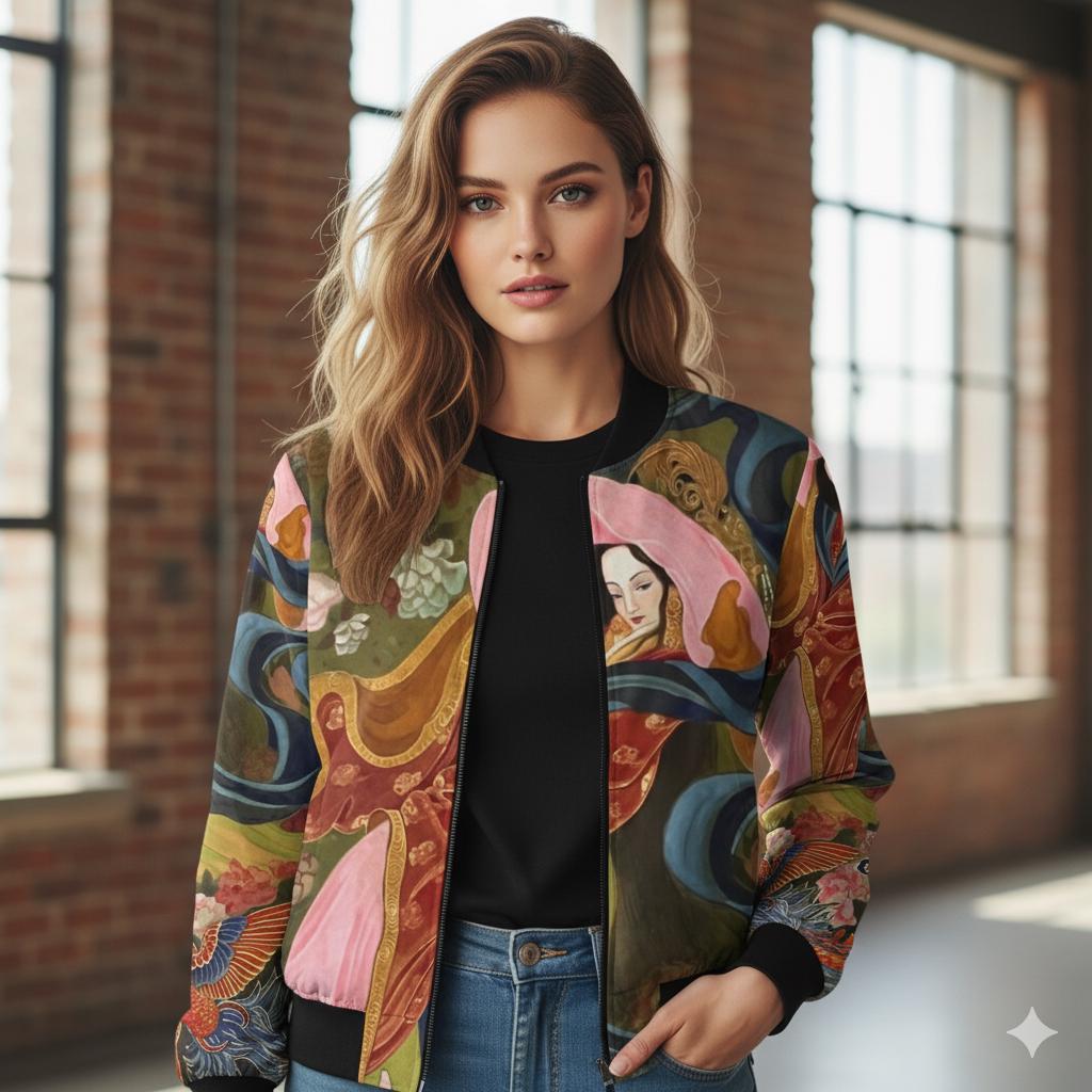Watercolor Chinese Empress Women's Bomber Jacket, Trendy Floral Fashion Statement, Colorful Elegant Outerwear, Gift for Her, Asian Inspired
