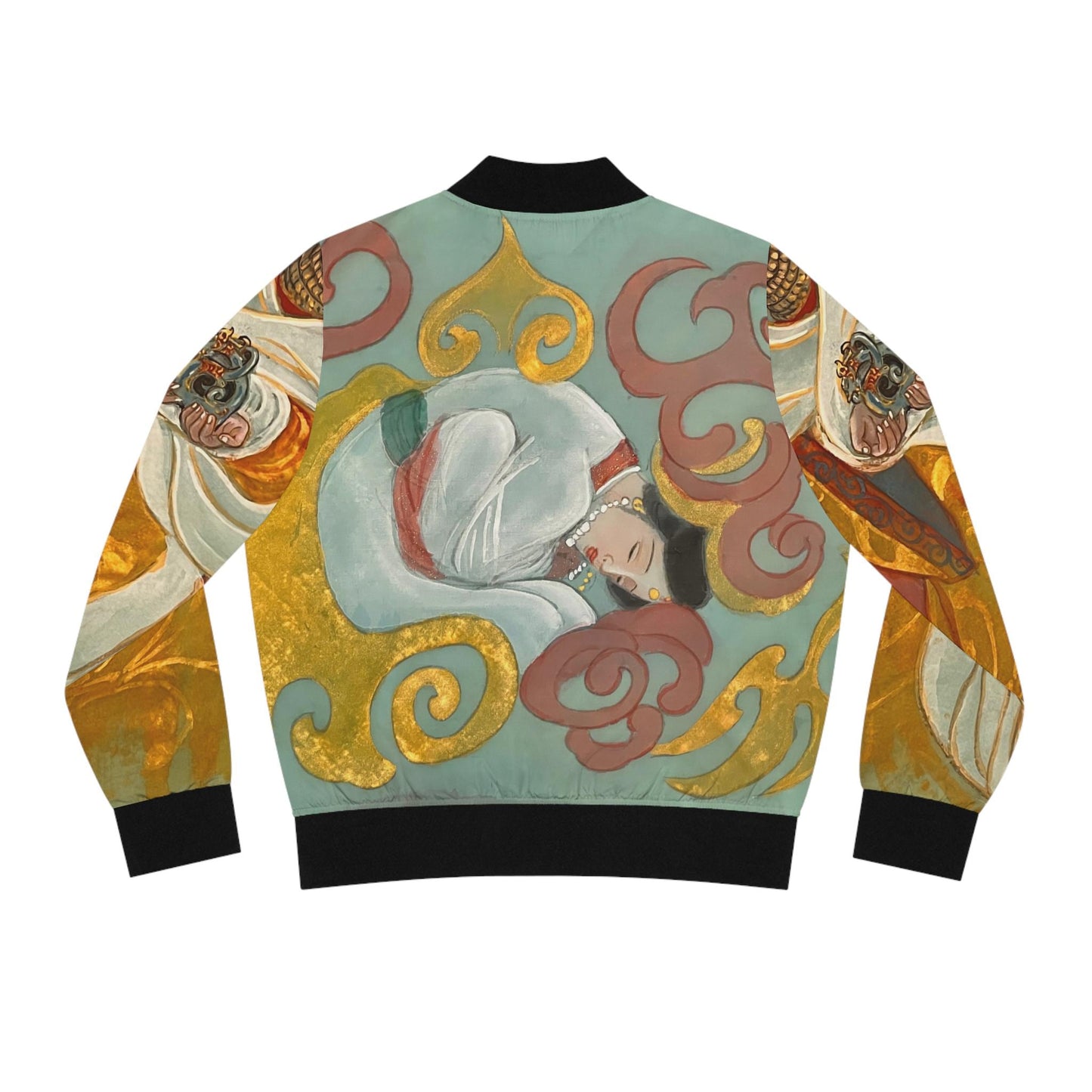 Chinese Empresses Women's Bomber Jacket - Light Blue Stand-Collar Outerwear Gift for Her, Ribbed Cuffs, Exclusive Piece