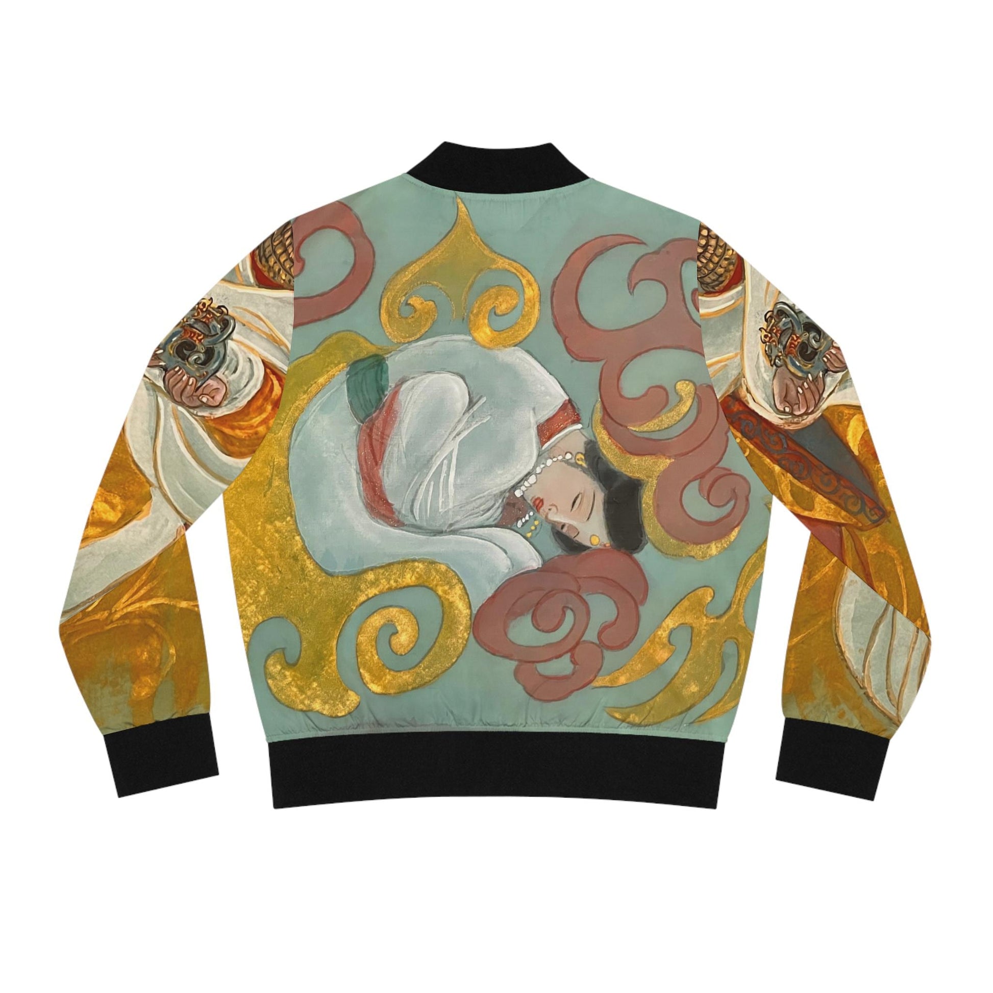 Chinese Empresses Women's Bomber Jacket - Light Blue Stand-Collar Outerwear Gift for Her, Ribbed Cuffs, Exclusive Piece