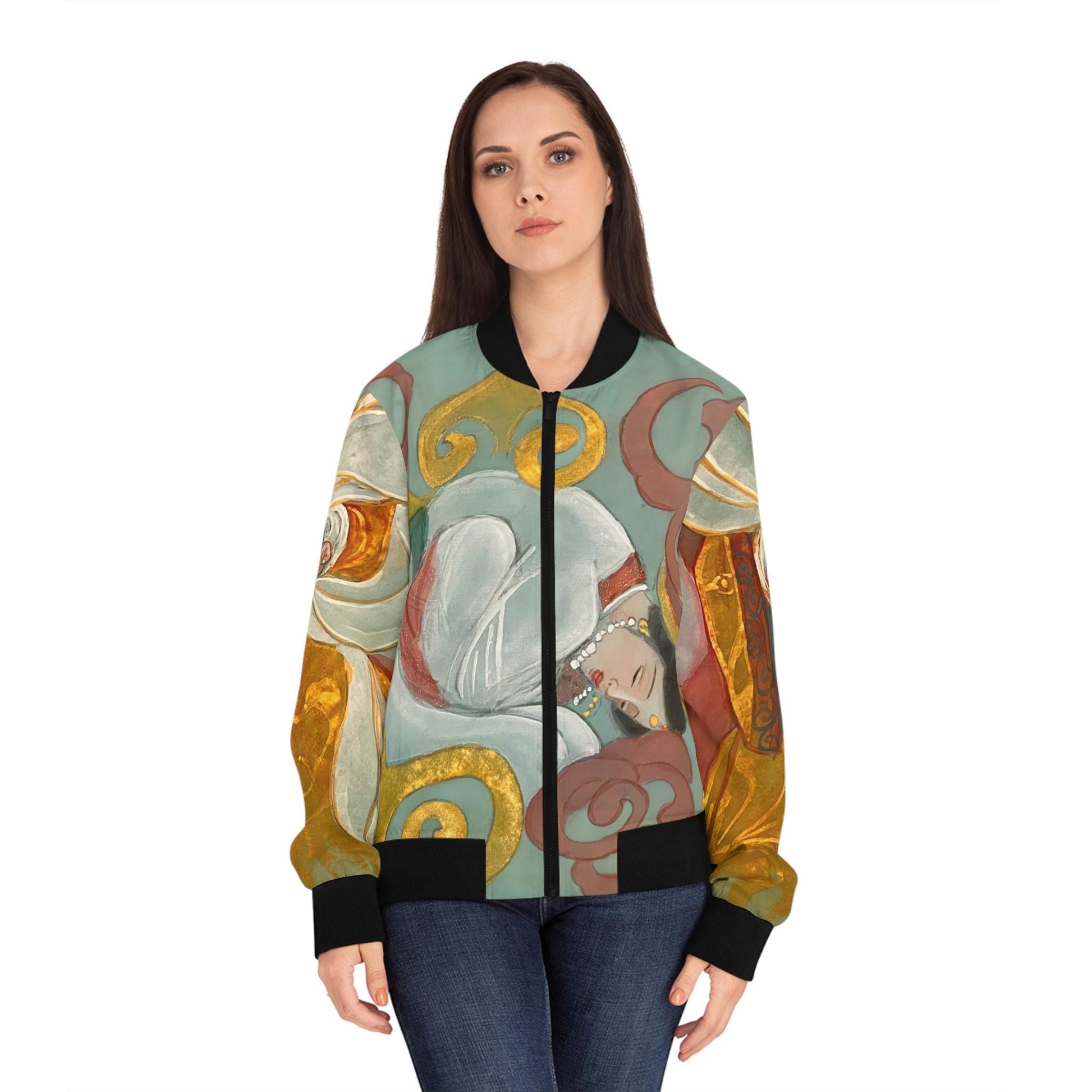 Chinese Empresses Women's Bomber Jacket - Light Blue Stand-Collar Outerwear Gift for Her, Ribbed Cuffs, Exclusive Piece