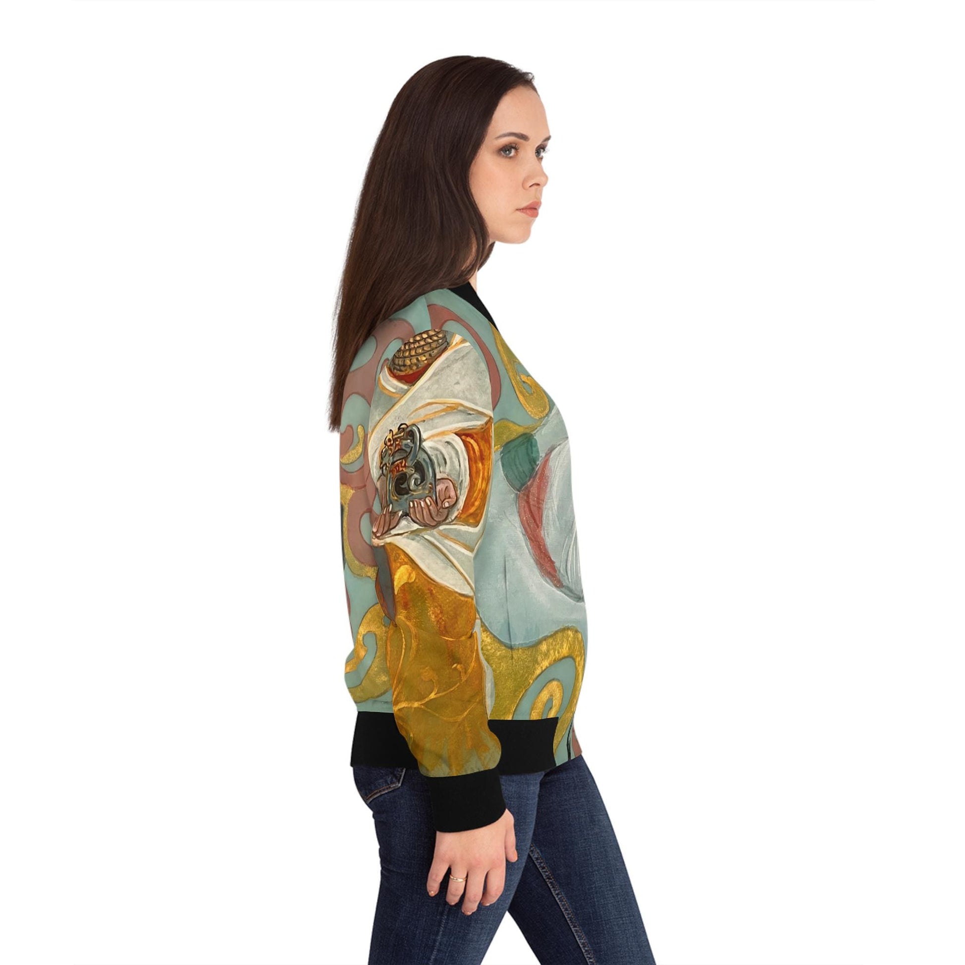 Chinese Empresses Women's Bomber Jacket - Light Blue Stand-Collar Outerwear Gift for Her, Ribbed Cuffs, Exclusive Piece