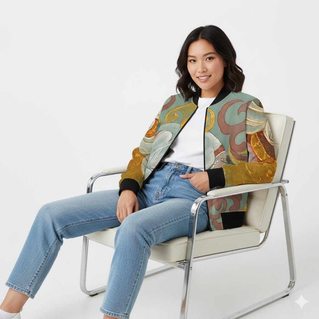 Chinese Empresses Women's Bomber Jacket - Light Blue Stand-Collar Outerwear Gift for Her, Ribbed Cuffs, Exclusive Piece