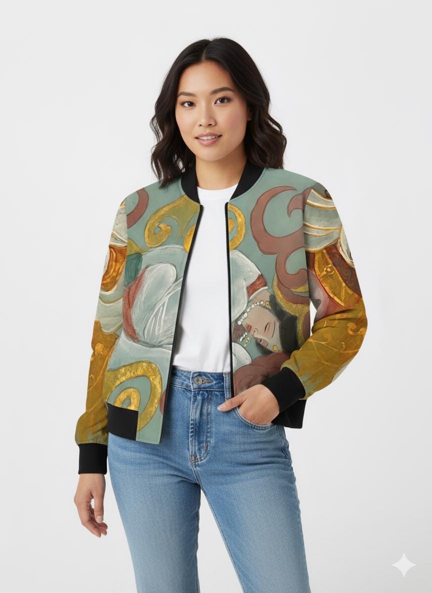 Chinese Empresses Women's Bomber Jacket - Light Blue Stand-Collar Outerwear Gift for Her, Ribbed Cuffs, Exclusive Piece