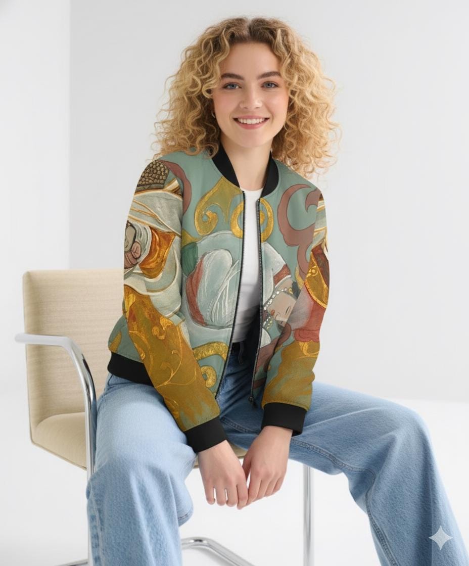 Chinese Empresses Women's Bomber Jacket - Light Blue Stand-Collar Outerwear Gift for Her, Ribbed Cuffs, Exclusive Piece