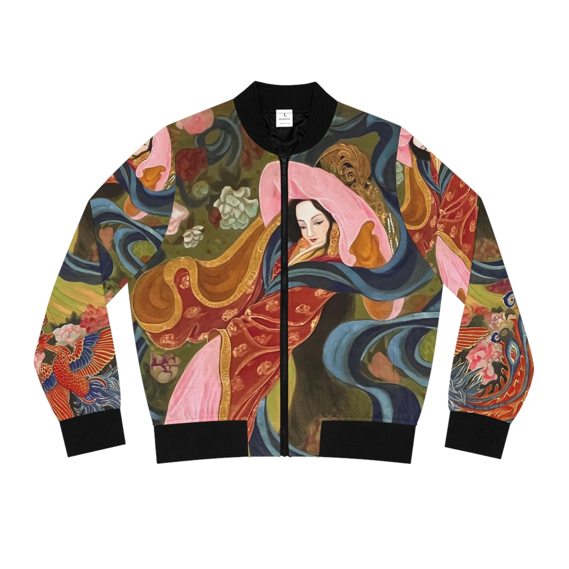 Watercolor Chinese Empress Women's Bomber Jacket, Trendy Floral Fashion Statement, Colorful Elegant Outerwear, Gift for Her, Asian Inspired