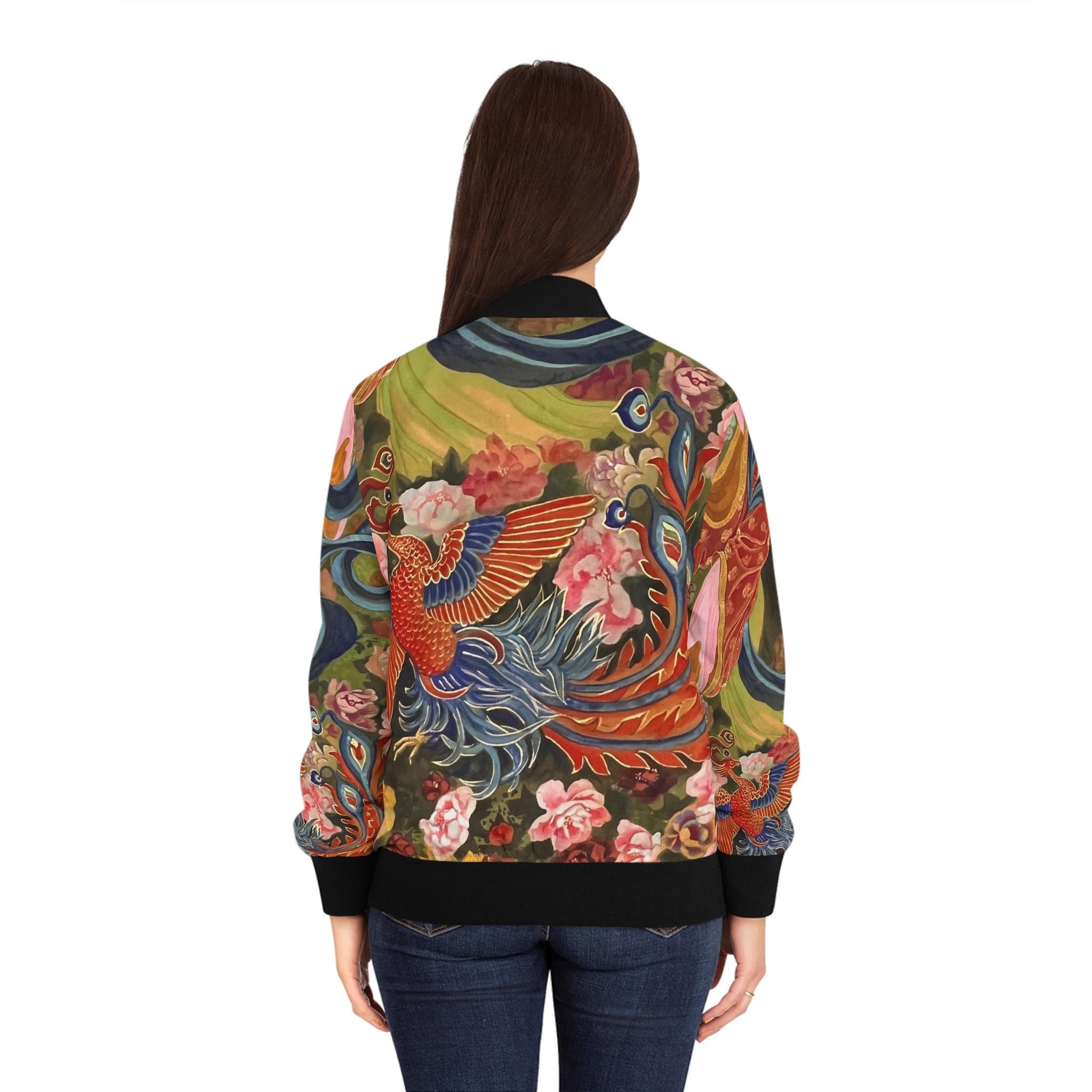 Watercolor Chinese Empress Women's Bomber Jacket, Trendy Floral Fashion Statement, Colorful Elegant Outerwear, Gift for Her, Asian Inspired