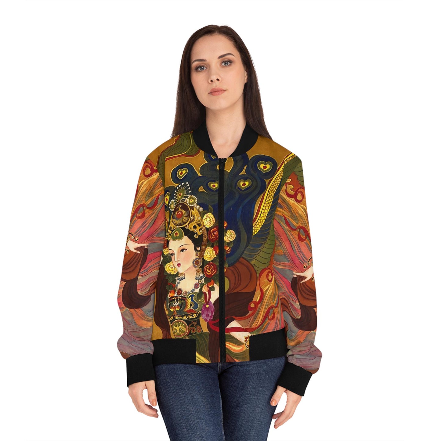 Chinese Empresses Women's Bomber Jacket - Outerwear Gift for Her, Ribbed Cuffs, Watercolor Art, Fashion Statement, Asian Inspired