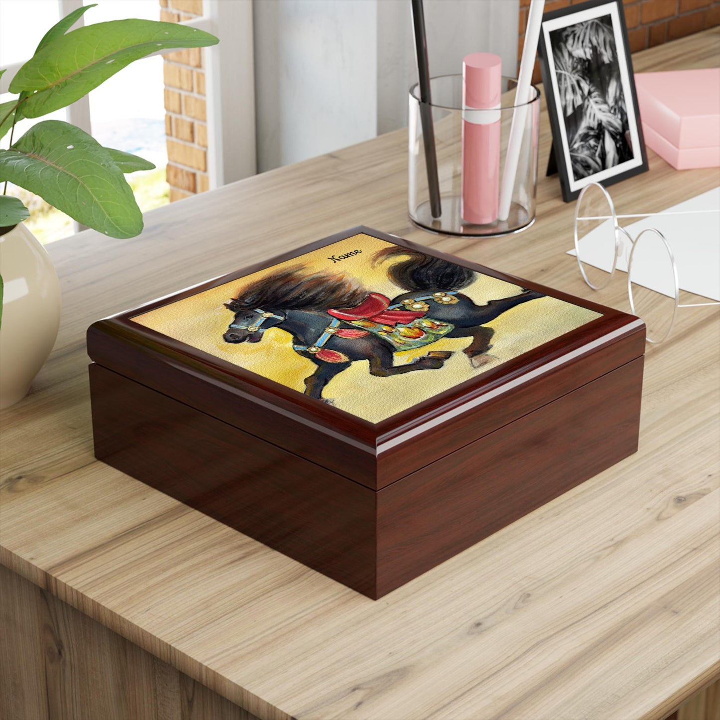 Wooden Jewelry Box with Year of the Horse Design | Chinese New Year 2026 Gift, Watercolor Horse by Xiang Li, Personalized Keepsake Box