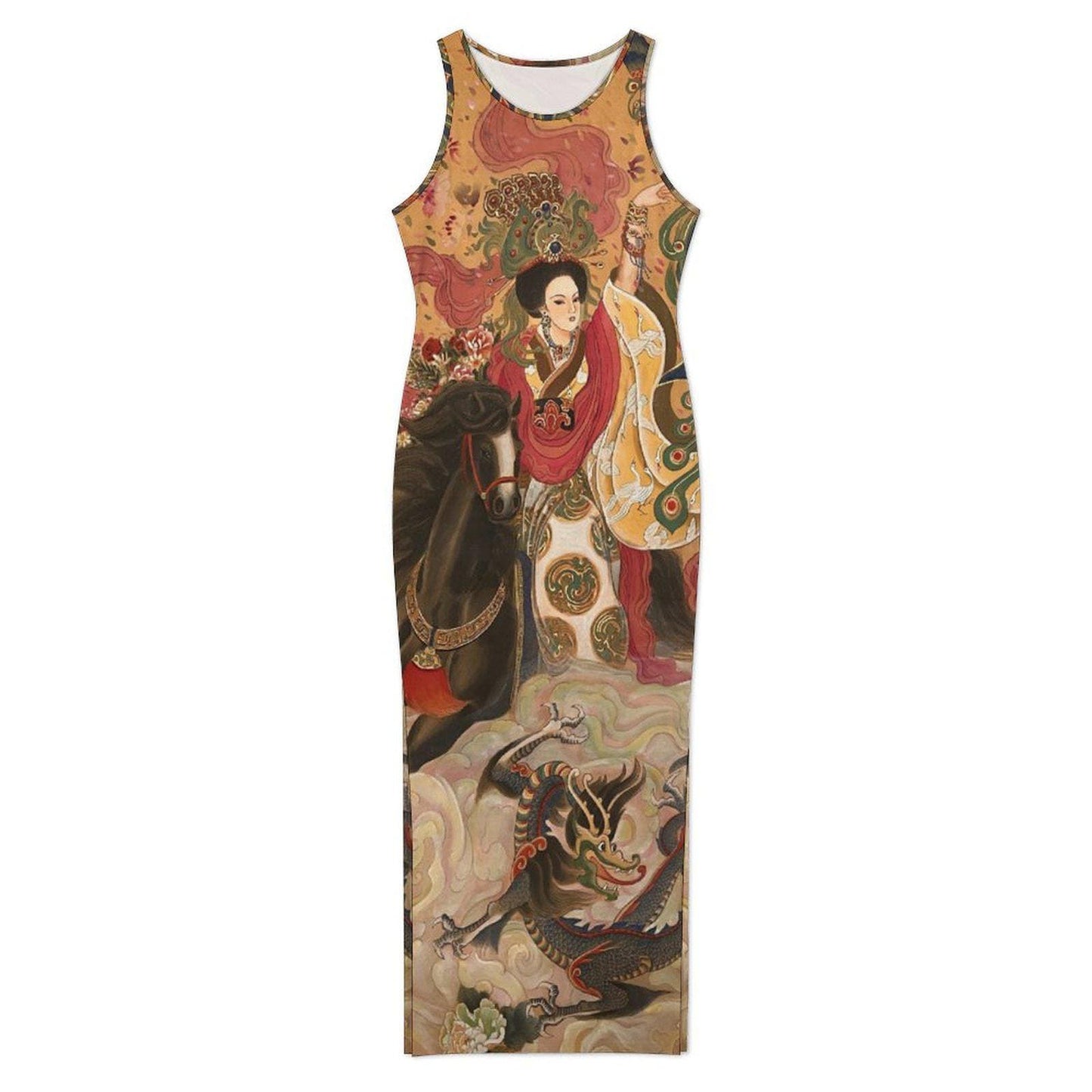 Slit Fitted Camisole Cheongsam with Chinese Empress on horse watercolor painting