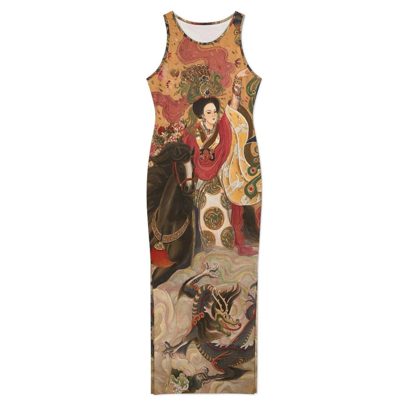 Slit Fitted Camisole Cheongsam with Chinese Empress on horse watercolor painting