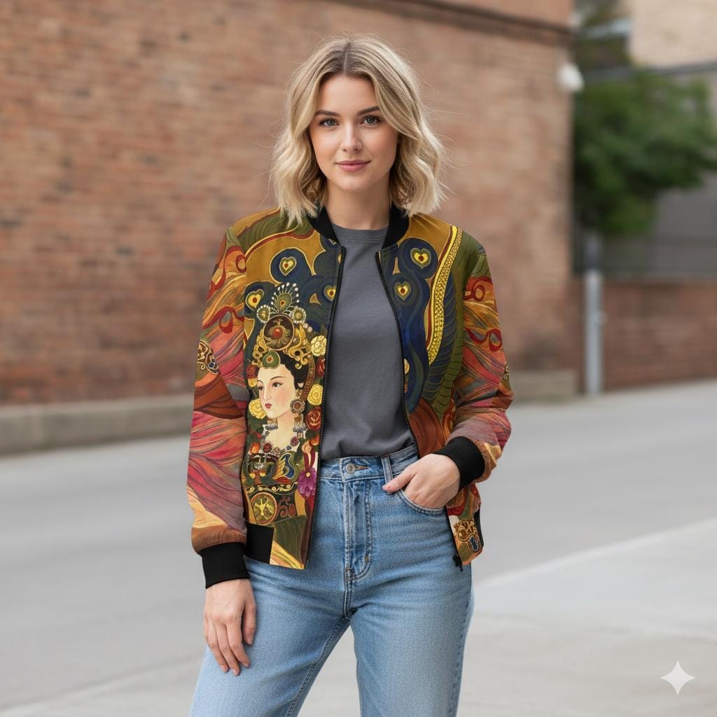 Chinese Empresses Women's Bomber Jacket - Outerwear Gift for Her, Ribbed Cuffs, Watercolor Art, Fashion Statement, Asian Inspired