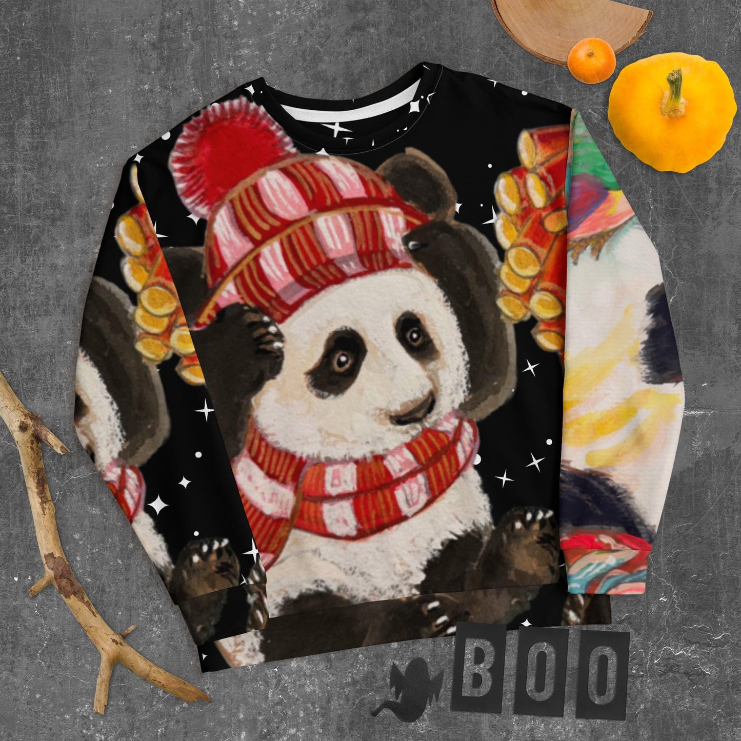 Chinese Panda Fireworks Lunar New Year Starry Night Print Unisex Sweatshirt