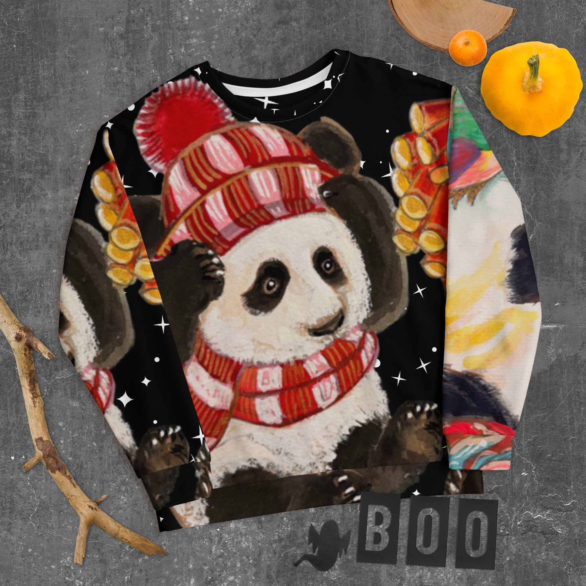 Chinese Panda Fireworks Lunar New Year Starry Night Print Unisex Sweatshirt