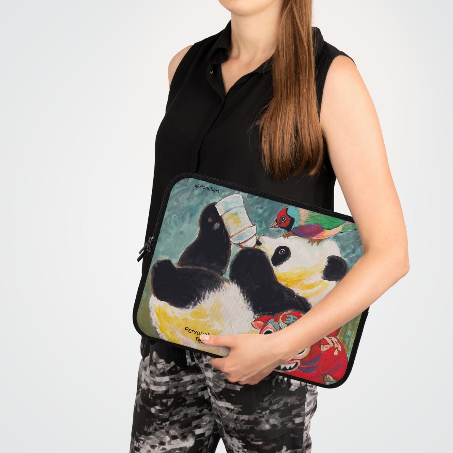 Playful Panda Painting Laptop Sleeve | Colorful Folk Art, Bird & Mask