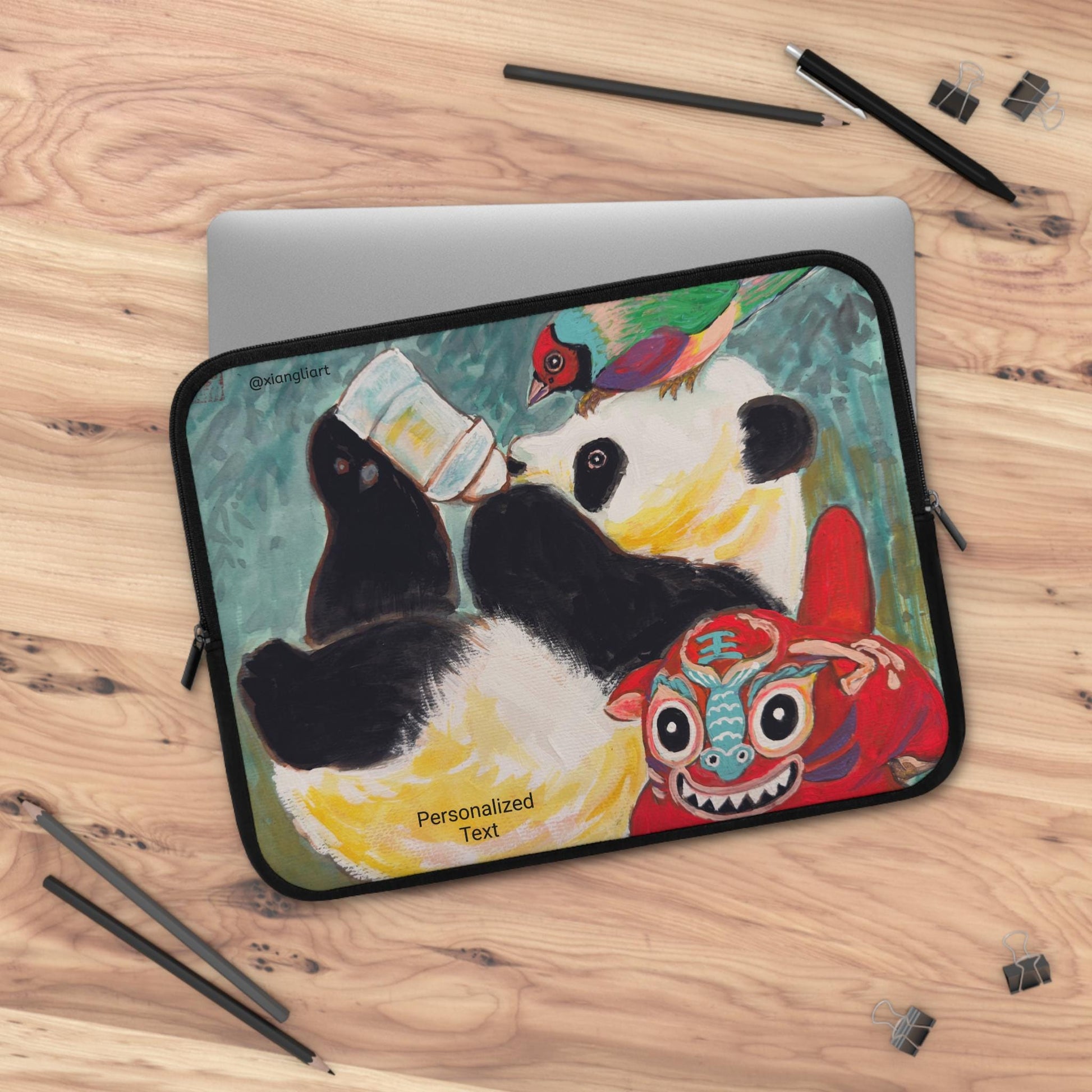 Playful Panda Painting Laptop Sleeve | Colorful Folk Art, Bird & Mask
