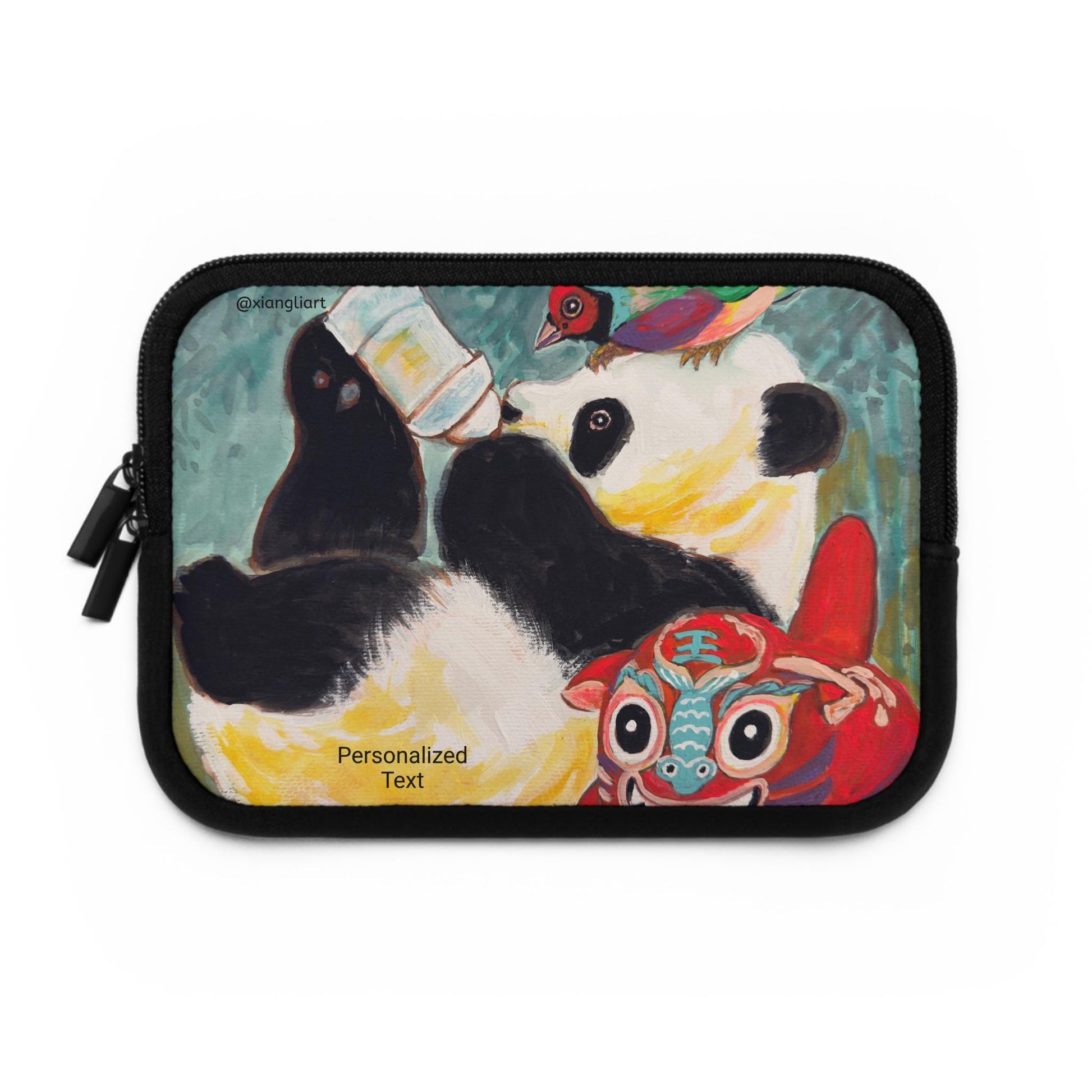 Playful Panda Painting Laptop Sleeve | Colorful Folk Art, Bird & Mask