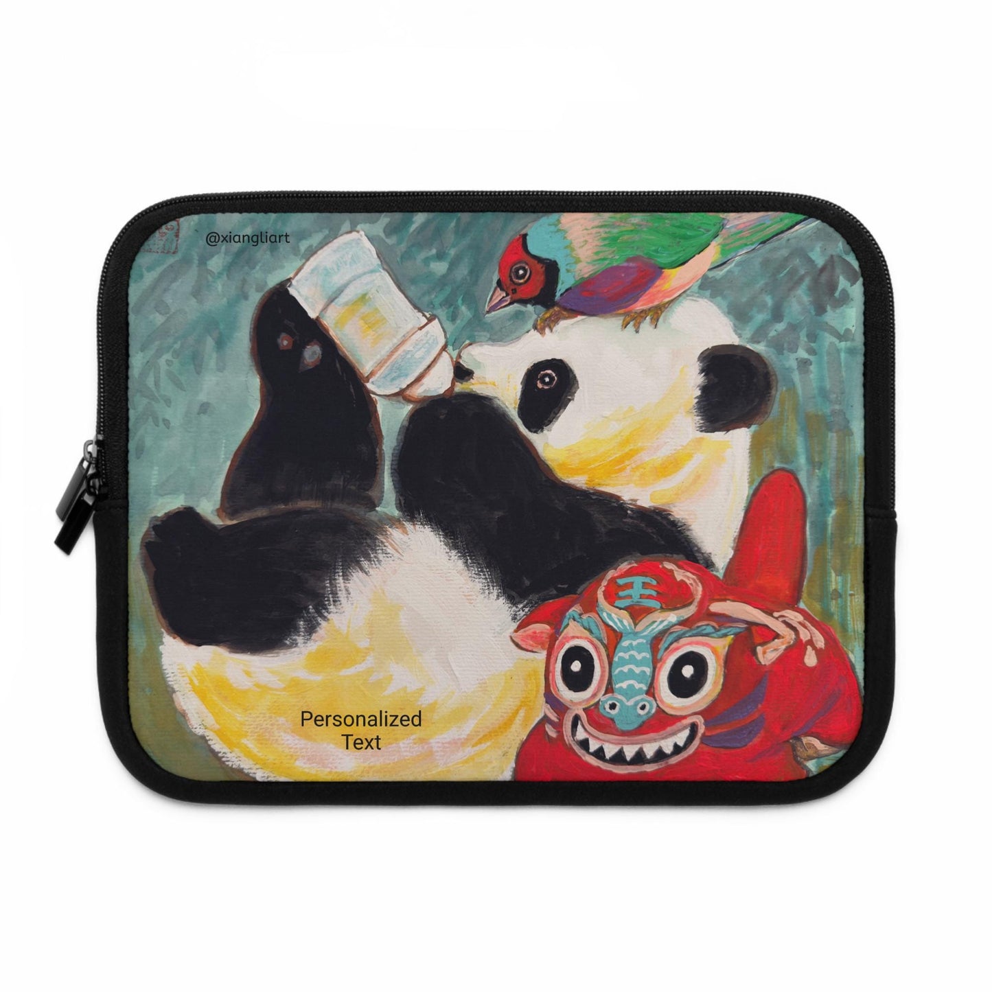 Playful Panda Painting Laptop Sleeve | Colorful Folk Art, Bird & Mask