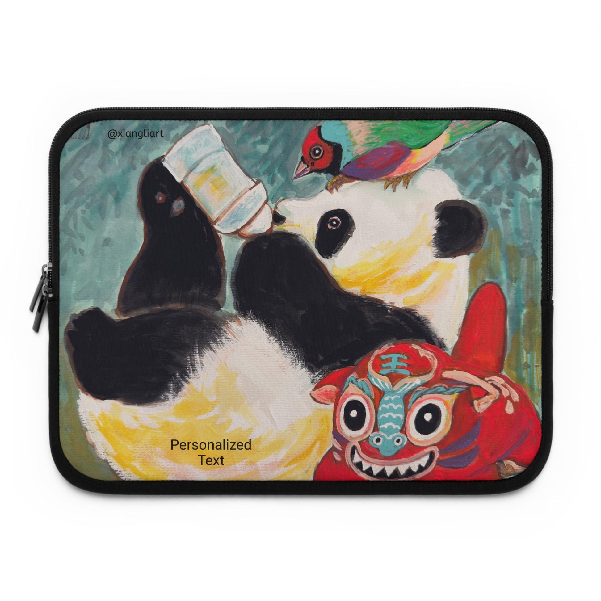 Playful Panda Painting Laptop Sleeve | Colorful Folk Art, Bird & Mask