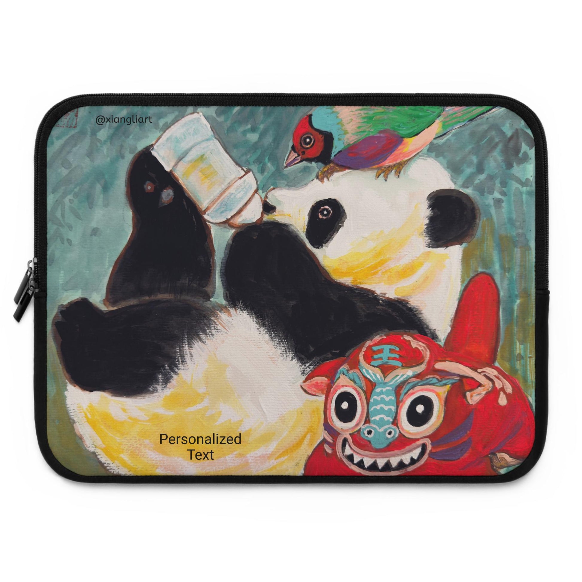 Playful Panda Painting Laptop Sleeve | Colorful Folk Art, Bird & Mask