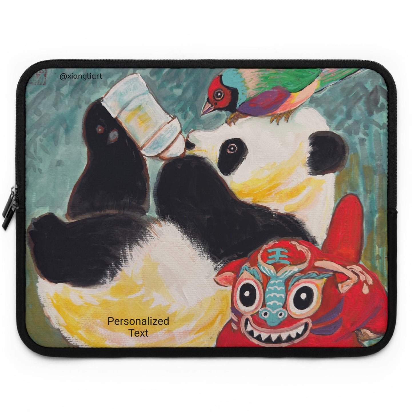 Playful Panda Painting Laptop Sleeve | Colorful Folk Art, Bird & Mask