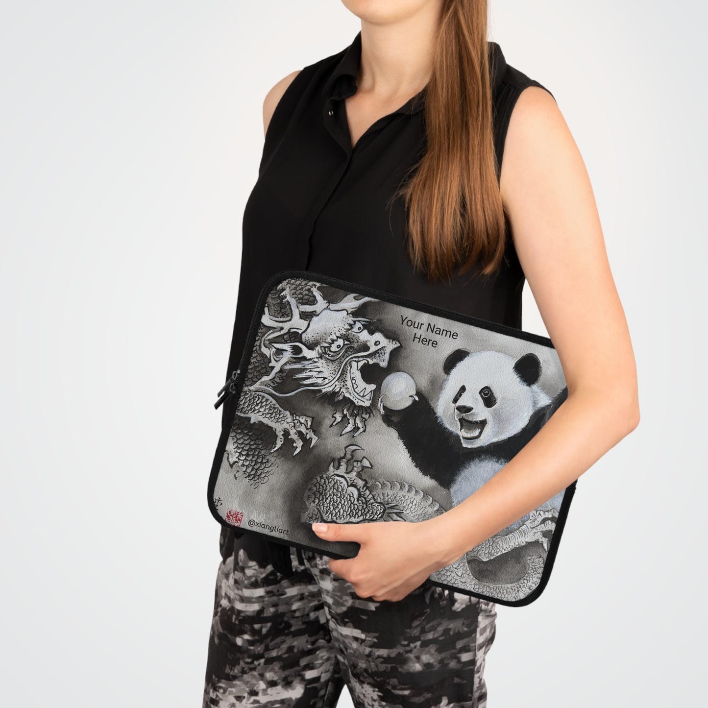 Panda and Dragon Illustration Laptop Sleeve | Black and White Ink Art