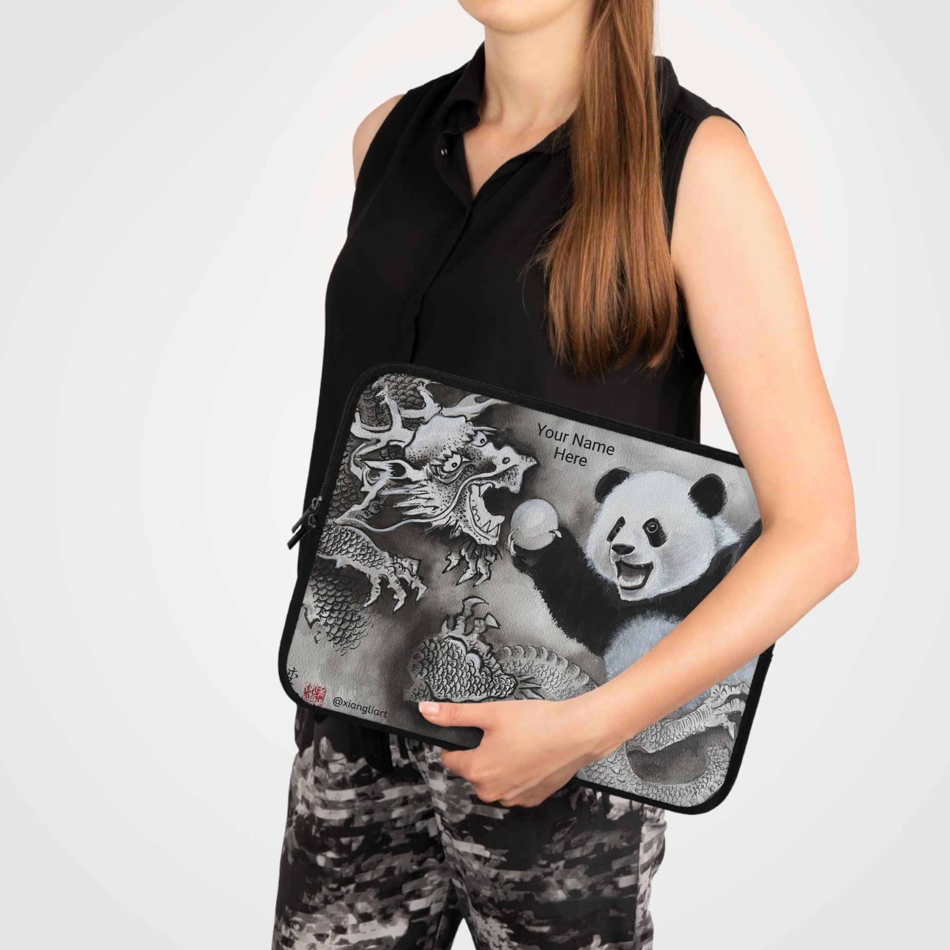 Panda and Dragon Illustration Laptop Sleeve | Black and White Ink Art
