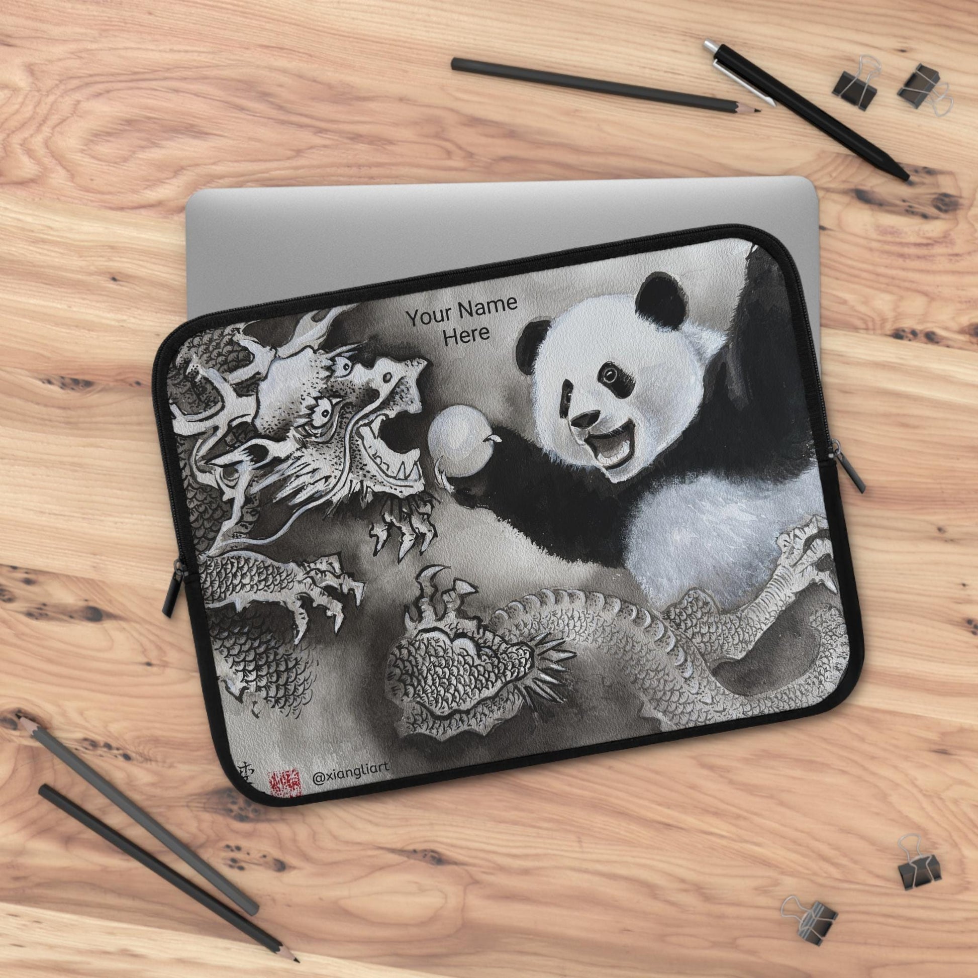 Panda and Dragon Illustration Laptop Sleeve | Black and White Ink Art