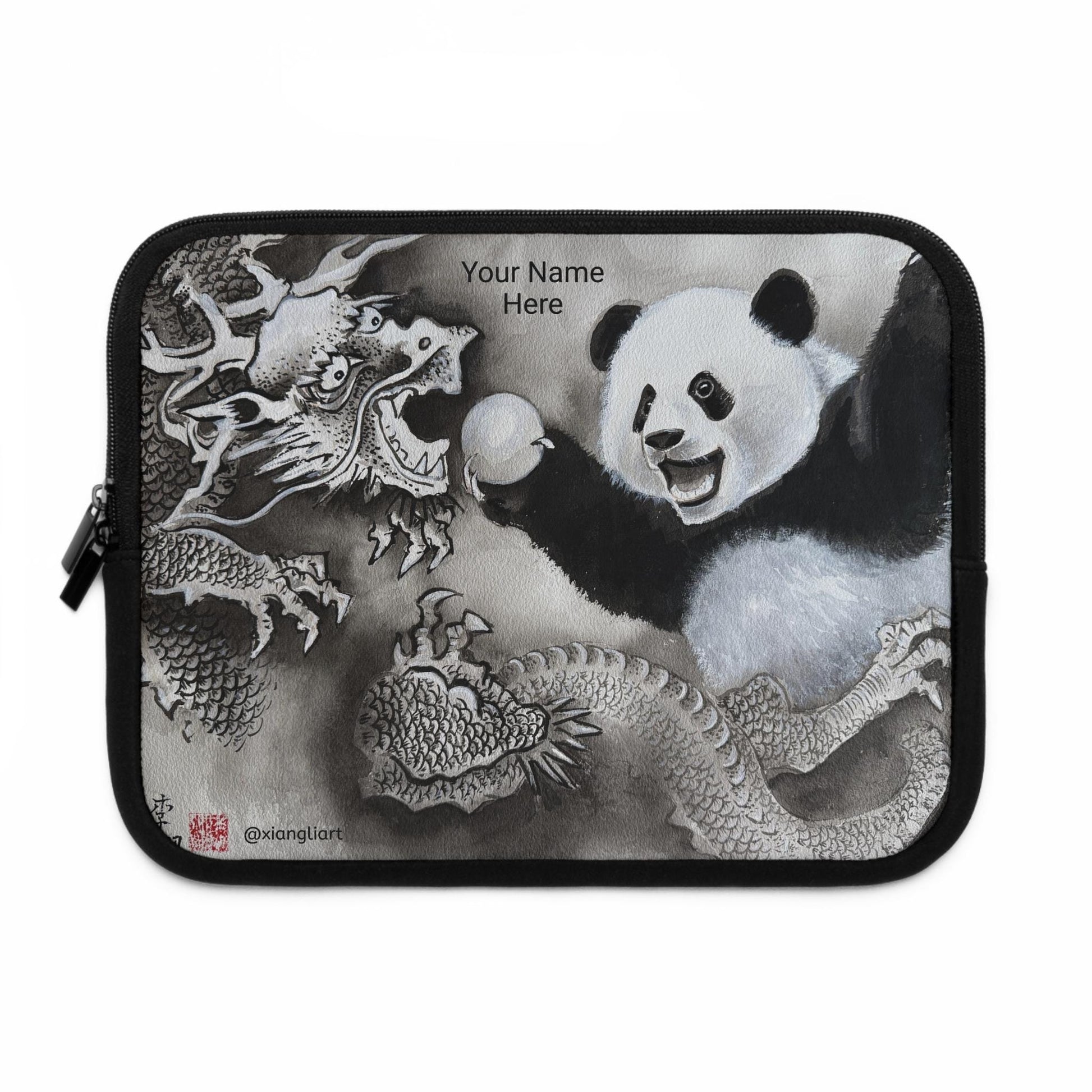 Panda and Dragon Illustration Laptop Sleeve | Black and White Ink Art