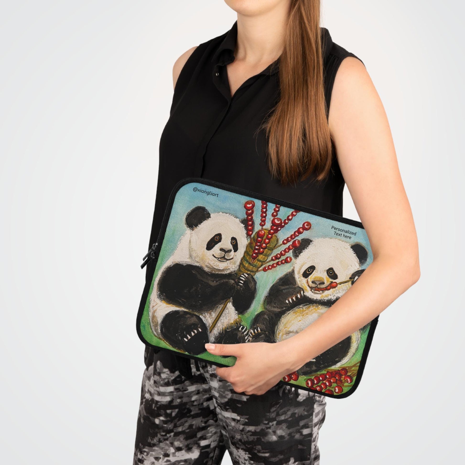 Playful Panda Chinese Hawthorn Candy Laptop Sleeve | Cute Bamboo Illustration