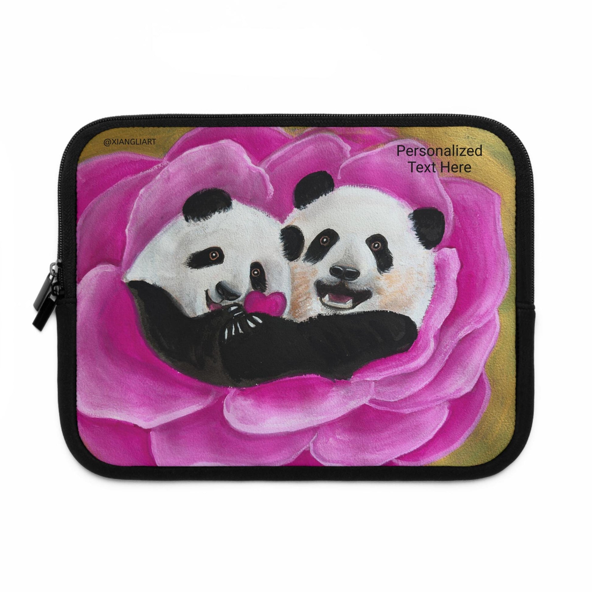 Panda Couple Heart, Panda in Love, Happy Relationship, Anniversary, Celebration, Laptop Sleeve | Pink Rose Illustration, Personalized Text