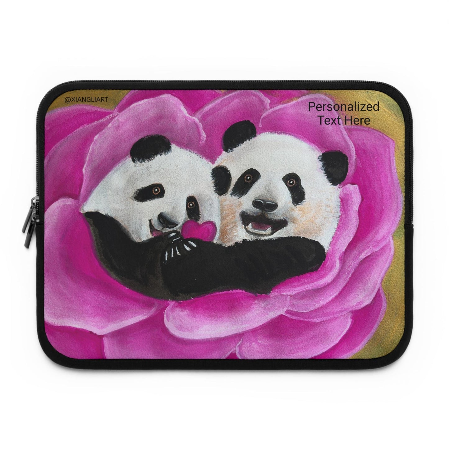 Panda Couple Heart, Panda in Love, Happy Relationship, Anniversary, Celebration, Laptop Sleeve | Pink Rose Illustration, Personalized Text