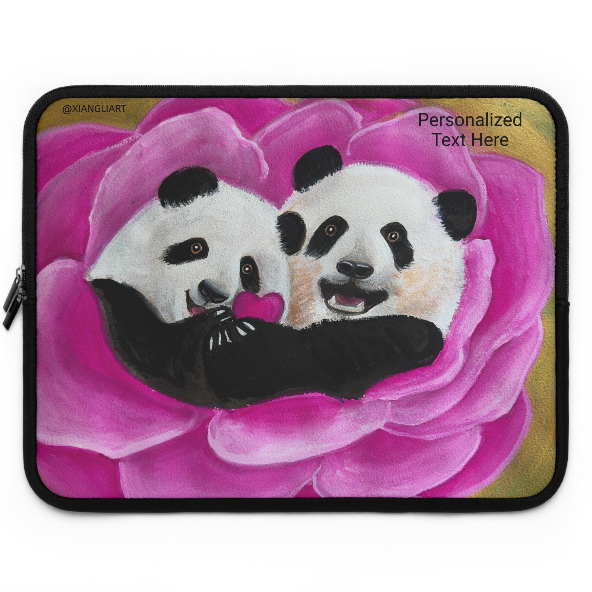Panda Couple Heart, Panda in Love, Happy Relationship, Anniversary, Celebration, Laptop Sleeve | Pink Rose Illustration, Personalized Text