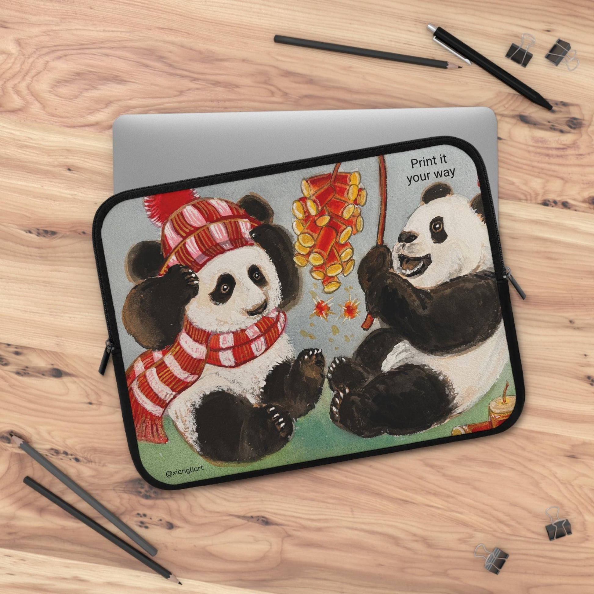 Playful Pandas with Fireworks Laptop Sleeve Chinese New Year | Cute Winter Animal Illustration