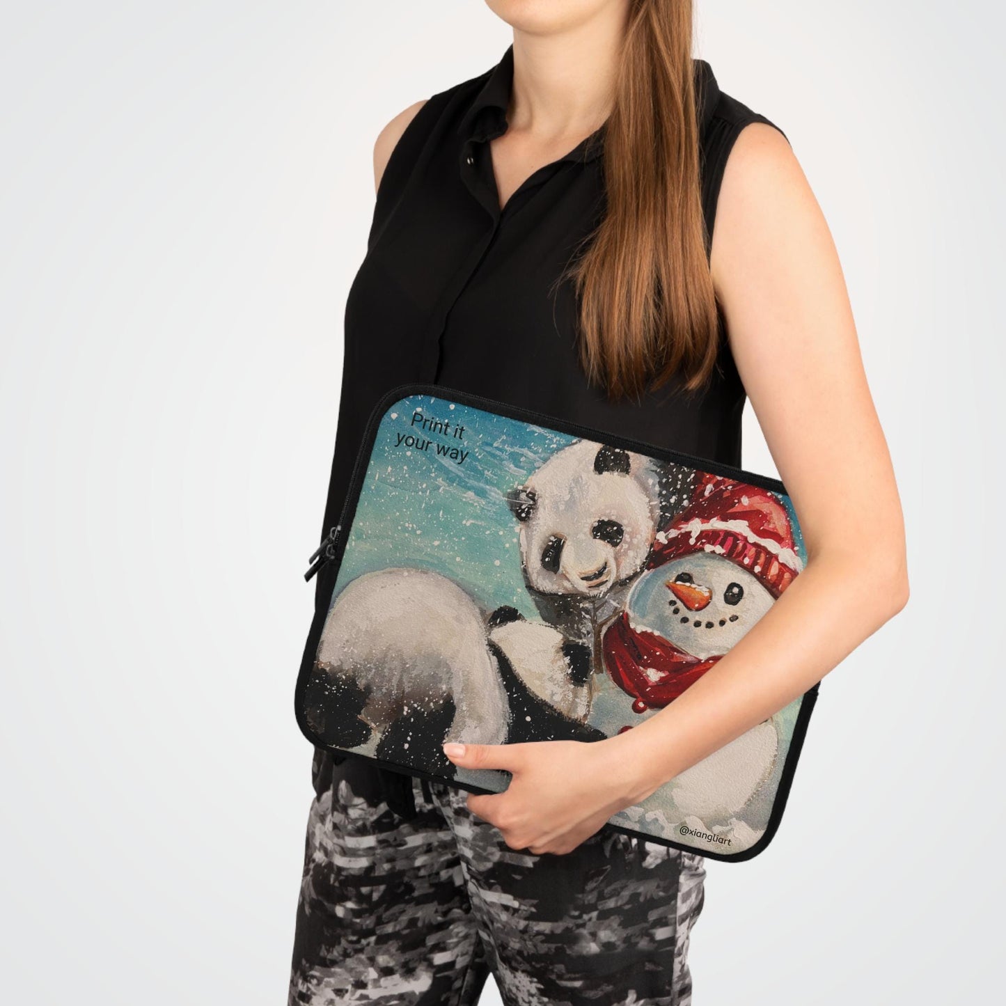 Panda and Snowman Winter Illustration Laptop Sleeve | Cute Holiday Snow Scene