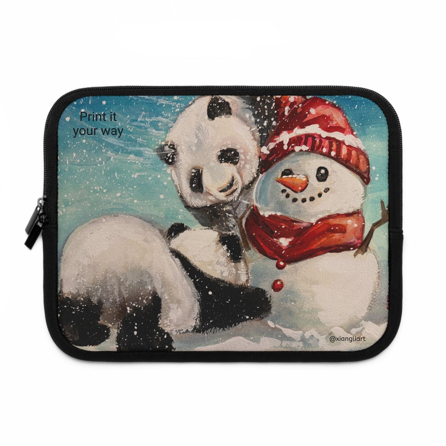 Panda and Snowman Winter Illustration Laptop Sleeve | Cute Holiday Snow Scene